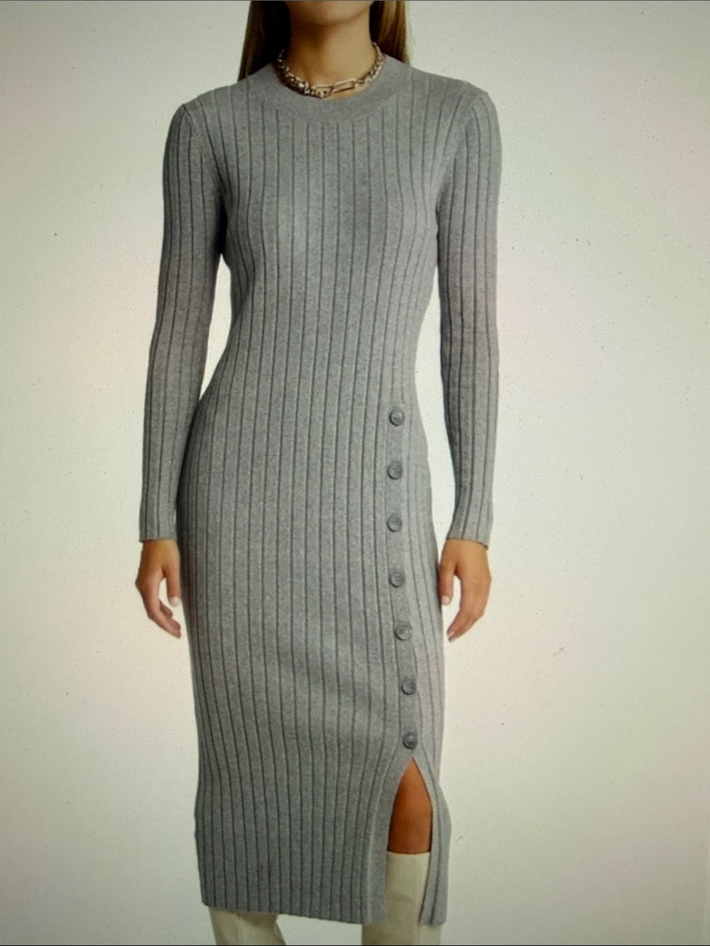 OPEN EDIT Slim Ribbed Long-Sleeve Button Midi Sweater Dress in Gray XS